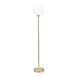 ValueLights Frenchie Brushed Gold Metal Floor Lamp with Pink Tinted Glass Globe Shade - LED Bulb Included