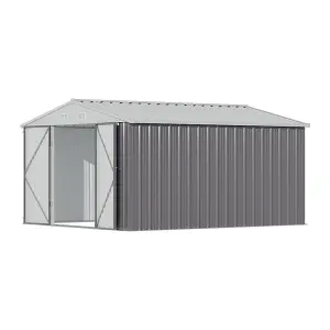 10x12ft Grey Apex Metal Garden Storage Shed Outdoor  Storage Shed with Lockable Double Door