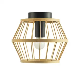 Vintage and Industrial Black Metal Ceiling Light Fitting with Outer Bamboo Frame