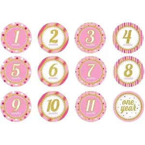 Creative Party Decor Milestone Monthly Glitter Stickers (Pack of 12) Pink/Gold/White (One Size)