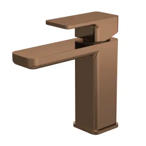 Contemporary Square Mono Basin Mixer Tap with Push Button Waste - Brushed Bronze