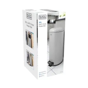 BLACK + DECKER 30 Litre Dome Kitchen Indoor Rubbish and Waste Pedal Bin with Soft Close Lid/Steel (Grey) 61129