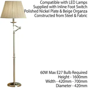 Luxury Moving Swing Arm Feature Floor Lamp Polished Nickel & Beige Organza Shade