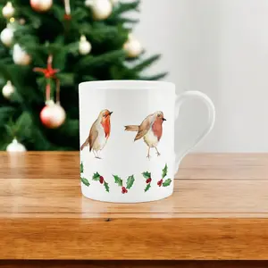 Purely Home Festive Christmas Robins & Holly Bone China Mugs - Set of 2