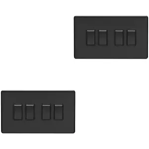 2 PACK 4 Gang Quad Light Switch SCREWLESS MATT BLACK 2 Way 10A Slim Rocker