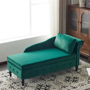 Velvet Chaise Lounge Sofa with Storage, Upholstered Chaise lounge Couch with Pillow for Living Room, Right Armrest, Green