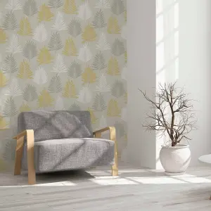 Arthouse Linen Palm Ochre/Grey Wallpaper