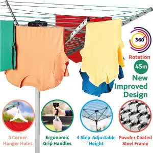 Rotary Airer 4 Arm Outdoor Washing Line 45m With Cover & Ground Spike