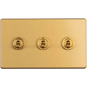 3 Gang Triple Retro Toggle Light Switch SCREWLESS SATIN BRASS 10A 2 Way Lever