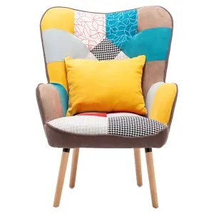 Multicoloured Upholstered Wingback Armchair with Footrest and Lumbar Pillow