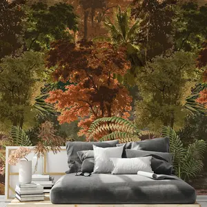 Grandeco Autumn Tree Tapestry  Jungle 3 lane repeatable Textured Mural, 2.8 x 1.59m Copper