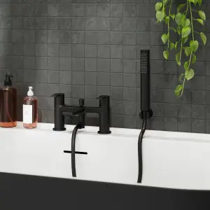 GoodHome Akita Matt Black Deck-mounted Bath mixer tap with shower kit