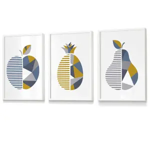 Set of 3 Geometric Fruit Apple Blue Yellow Wall Art Prints / 30x42cm (A3) / White Frame