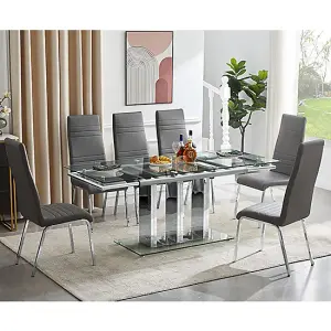 Rihanna Extending Clear Dining Table With 6 Dora Grey Chairs