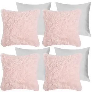 Set of 4 Fluffy Shaggy Filled Cushion with Cover Square