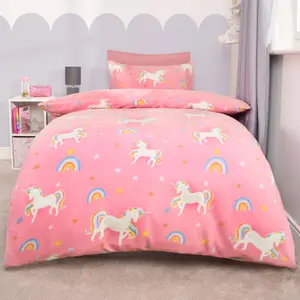 Unicorn Bedding Duvet Cover Set Plush Fleece Warm Quilt, Pink - Junior