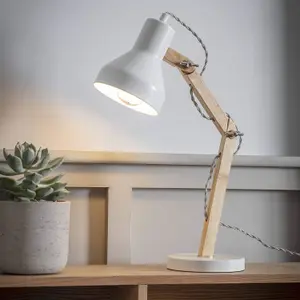 Lily White Desk Side Table Lamp Swing Arm Steel and Wood