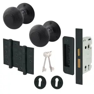 AFIT Beehive Reeded Black Key Lock Door Knob Set - 1 Pair Matt Black Mortice Knobs (55mm), Sash Lock (80mm) & Hinges (76mm)