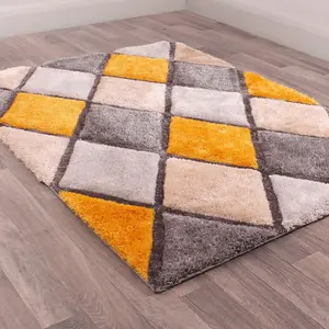 Diamond Ochre Shaggy Geometric Optical Modern Sparkle Rug for Living Room and Bedroom-120cm X 170cm