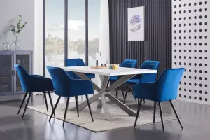 Camden Duke White LUX Dining Set with 6 Royal Blue Velvet Chairs