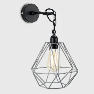 ValueLights Huber Industrial Style Satin Black Wall/Ceiling Light Fitting with Grey Metal Cage Shade