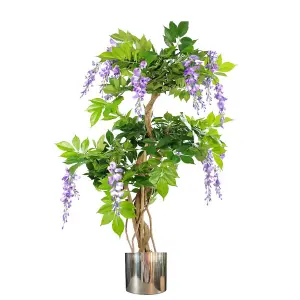 110cm Artificial Purple Blossom Tree with Silver Metal Planter