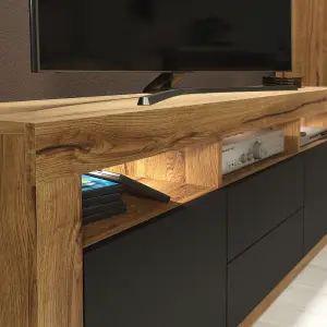 Shine TV Unit 160cm Oak & Black Matt Doors and LED Lighting - Creative Furniture