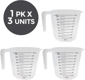 3pk Plastic Measuring Jugs 1 Litre, Plastic Measuring Jug for Kitchen & Baking Plastic Jugs, Plastic Jug with Measuring Scale