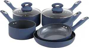 7 Piece Navy Kitchen Cookware Set - Dishwasher Safe Aluminium Pots & Pans Set with Non-Stick Coating - Suitable for All Hobs