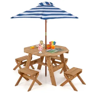 Costway Wooden Octagon Table Set Kids Picnic Table & 4 Chairs w/ Umbrella