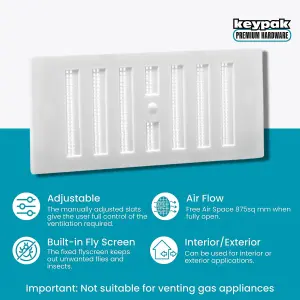 Map Adjustable Air Vent with Flyscreen Cover, 6" x 3" (152mm x 76mm), Hit & Miss Ventilation Cover, White