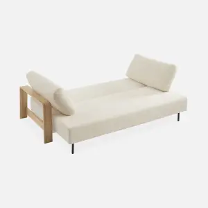 sweeek. 3-seater sofa bed in white boucle with wooden armrests Eden White 224x108x85 cm