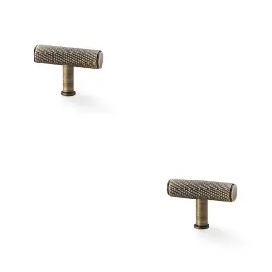 2 PACK - Knurled T Bar Cupboard Door Knob - 55mm x 38mm - Antique Brass Unit Pull Handle