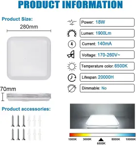 Extrastar 18W Square LED Ceiling Light with Silver Glitter Edge, 6500K, 1900 lumen