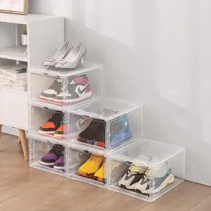 6 Pack Clear Durable Shoe Organiser - Sturdy And Durable Front Stackable Drawers - Space Saving Design With Magnetic Door