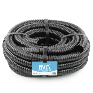 Pisces 15m Corrugated Black Pond Hose Flexible Anti Kink Flexi PVC Pipe Ribbed Tubing for Pump Filter Sump Water Butt - 1.25" 32mm