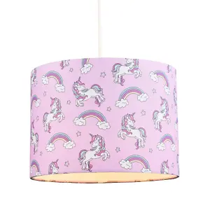 Beautiful Modern Soft Lilac Cotton Lampshade with Unicorns Clouds and Rainbows