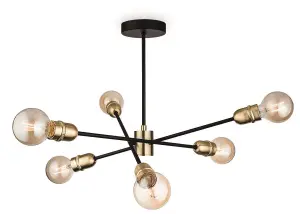 Luminosa Trident 6 Light Multi Arm Semi Flush Light Black with Brushed Brass, E27