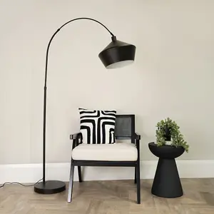 ValueLights Louis Black Arched Curved Floor Lamp with Black Metal Lamp Shade with LED Bulb