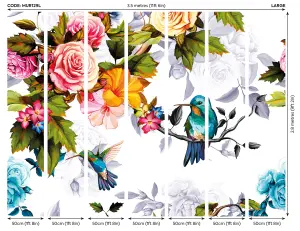 Origin Murals Blue Hummingbird with Pink & Orange Flowers Mural 350cm wide x 280cm high