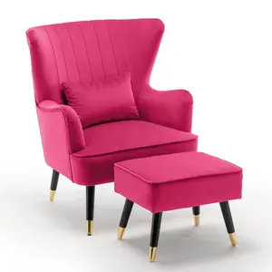 Velvet Dark Pink Camila Accent Wingback Chair with Footstool