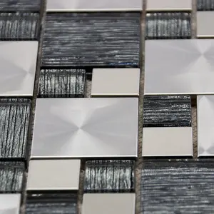 Luxury Textured Grey Glass & Brushed Steel Mix Mosaic Wall Tiles Sheet 8mm