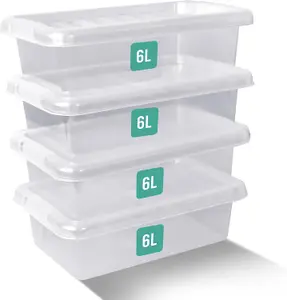 6L BPA free Plastic Storage Boxes With Lids Set of 4, Stackable, Clear