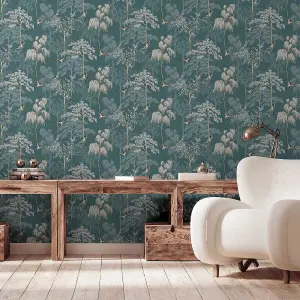 Japanese Oriental Garden Inspired  Wallpaper Teal Blue World of Wallpaper 946101