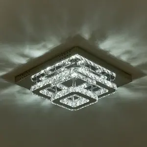 Modern 2-Tiers Square Crystal LED Flush Ceiling Light Fixture Chandelier 40cmx 40cm, Cool White