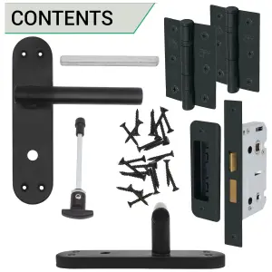 AFIT Black Door Handles Bathroom Kit - 64mm Lock & 76mm Hinges T-Bar Door Handle on Backplate 175x42mm Bathroom Kit Matt Black