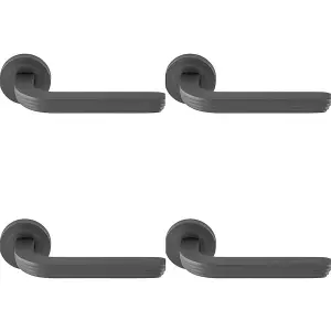 4 PACK - Premium Art Deco Door Handle Set - Anthracite Grey Reeded Lever on Round Rose