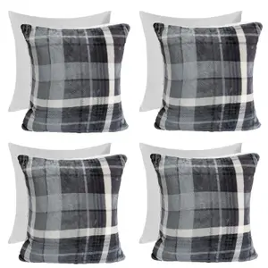 Tartan Check Cushion Covers 4 Pack Filled Flannel Fleece Set, 45 x 45cm - Grey