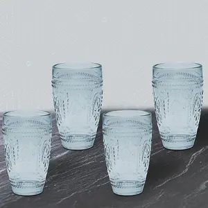 Tumbler Glasses Blue 4-Set Embossed Design Bar Liquor Martini Glass Drinkware