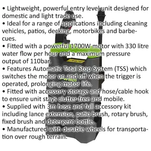 Pressure Washer with Total Stop System & Accessory Kit - 110bar - 1700W Motor